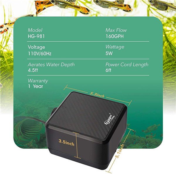 Hygger Adjustable Eco Air Pump, HG981 - HG981-5W (20 to 300 Gallon)