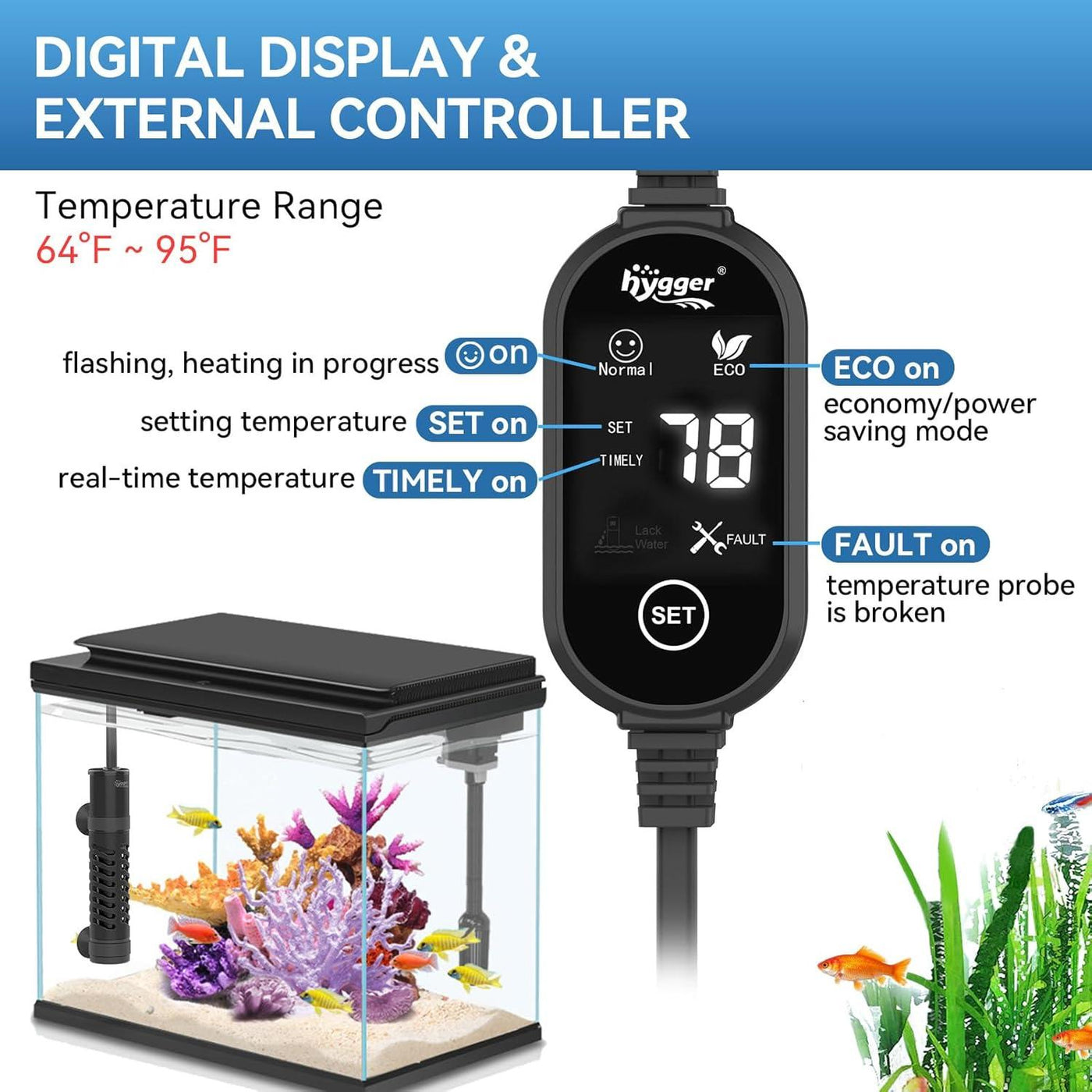 Hygger Aquarium Heater, HG998 - HG998-200W (for 65 Gallon)