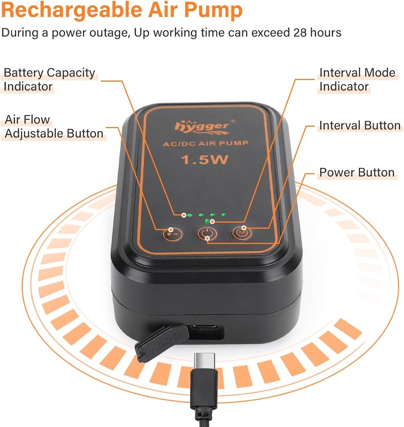 Hygger NEV Rechargeable Air Pump, HG087 - 1.5W for tanks up to 33 Gal.